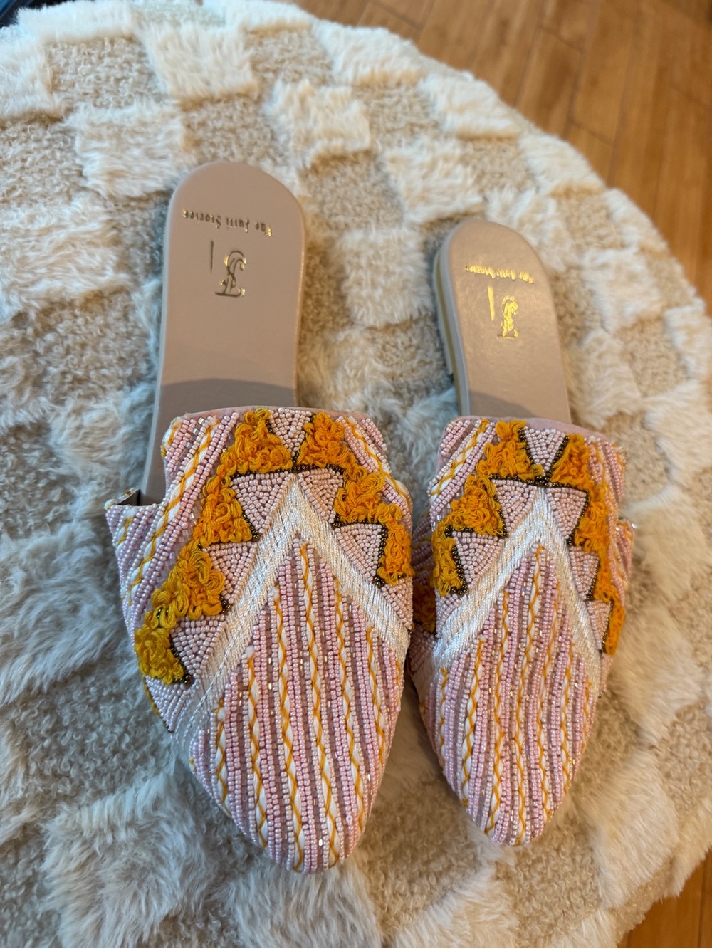 Embellished Pink & Mustard Slip-On Mules